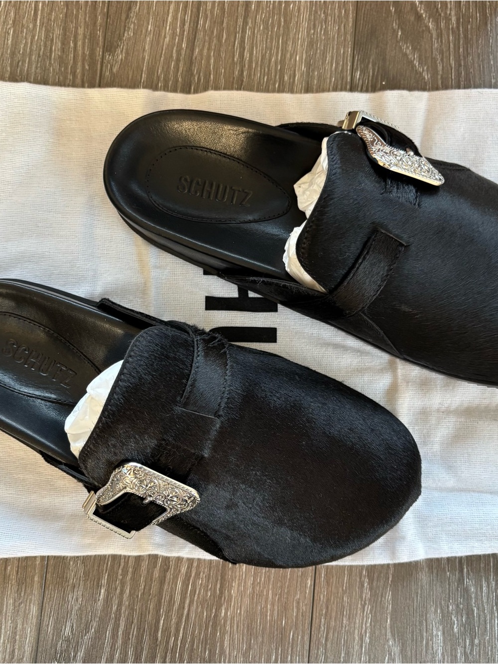 SCHUTZ Black Slip-On Mule with Decorative Silver Buckle